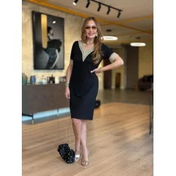 Kadın Kısa Kollu V Dantel Yaka Viskon Iki Iplik Elbise