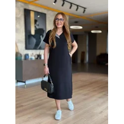 Kadın Kısa Kollu V Ribana Yakalı Yırtmaçlı Midi Viskon Iki Iplik Elbise