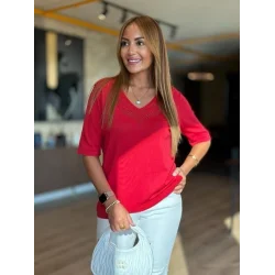 Kadın Kısa Kollu V Yaka Ajurlu Triko BluZ