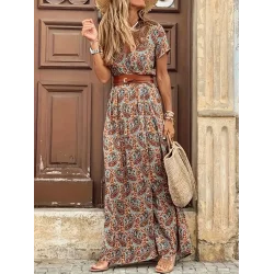 Kadın Kısa Kollu V Yaka Etnik Desenli Yırtmaç Detay Süprem Elbise (kemersiz)