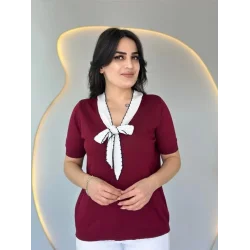 Kadın Kısa Kollu V Yaka Fular Detay Merserize Triko Bbluz