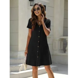 Kadın Kısa Kollu V Yaka önü Düğmeli Viskon Elbise