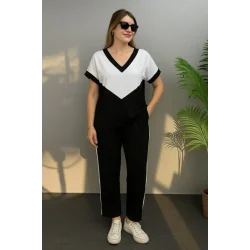 Kadın Kısa Kollu V Yaka Siyah Beyaz Renkli Viskon Iki Iplik Kumaş Eşofman Takımı
