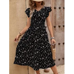 Kadın Kısa Kollu V Yakalı Beli Lastikli çiçek Desenli Süprem Elbise