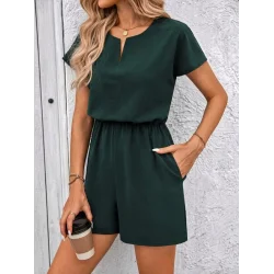 Kadın Kısa Kollu V Yakalı Beli Lastikli Kısa Ithal Krep Tulum