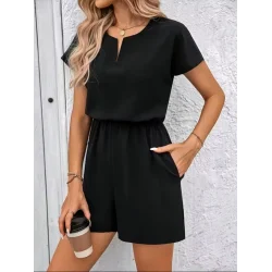 Kadın Kısa Kollu V Yakalı Beli Lastikli Kısa Ithal Krep Tulum