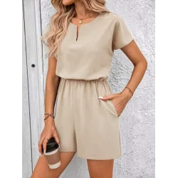 Kadın Kısa Kollu V Yakalı Beli Lastikli Kısa Ithal Krep Tulum