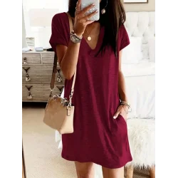 Kadın Kısa Kollu V Yakalı Cepli Kısa Viskon Elbise