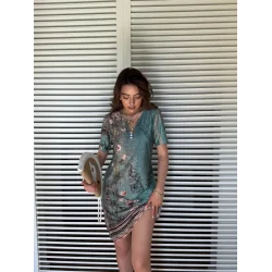 Kadın Kısa Kollu V Yakalı çiçek Baskılı Midi Süprem Elbise