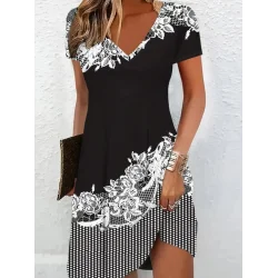 Kadın Kısa Kollu V Yakalı çiçek Baskılı Süprem Elbise