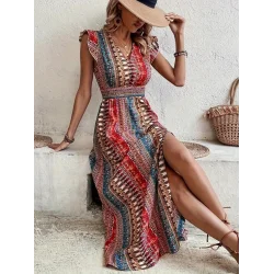 Kadın Kısa Kollu V Yakalı Desenli Yandan Yırtmaçlı Süprem Elbise