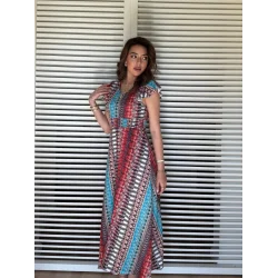 Kadın Kısa Kollu V Yakalı Desenli Yandan Yırtmaçlı Süprem Elbise