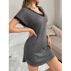 Kadın Kısa Kollu V Yakalı Kısa Viskon Gecelik