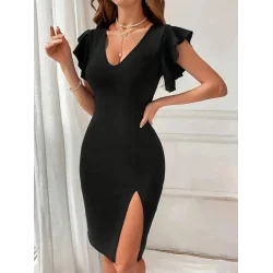 Kadın Kısa Kollu V Yakalı Kolları Volanlı Yandan Yırtmaçlı Kısa Janjan Krep Elbise