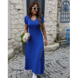 Kadın Kısa Kollu V Yakalı Maksi Boy Viskon Elbise