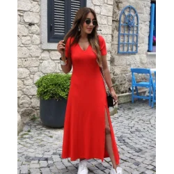 Kadın Kısa Kollu V Yakalı Maksi Boy Viskon Elbise
