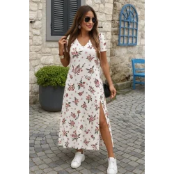 Kadın Kısa Kollu V Yakalı Maksi Boy Viskon Elbise