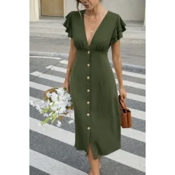 Kadın Kısa Kollu V Yakalı önden Düğmeli Bürümcük Midi Elbise