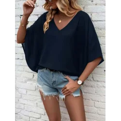 Kadın Kısa Kollu V Yakalı Salaş Viskon Bluz