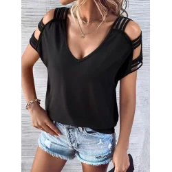 Kadın Kısa Kollu V Yakalı şerit Detaylı Viskon Bluz
