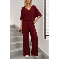 Kadın Kısa Kollu V Yakalı Viskon Bluz Ve Pantolon Ikili Takım