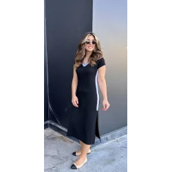 Kadın Kısa Kollu V Yakalı Yandan şerit Ve Yırtmaçlı Viskon Uzun Elbise