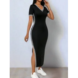 Kadın Kısa Kollu V Yakalı Yandan Yırtmaçlı Viskon Iki Iplik Elbise