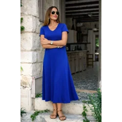Kadın Kısa Kollu V Yakalı Yırtmaçlı Midi Viskon Elbise