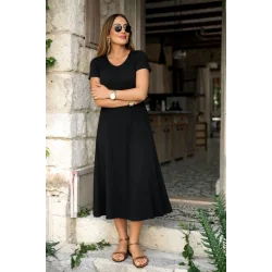 Kadın Kısa Kollu V Yakalı Yırtmaçlı Midi Viskon Elbise