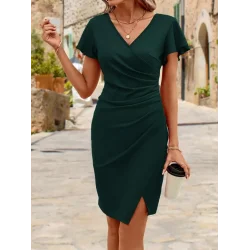 Kadın Kısa Kollu Volanlı Kruvaze Yaka Yanlardan Büzgülü Ithal Krep Elbise