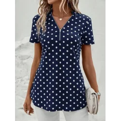 Kadın Kısa Kollu Yakadan Fermuarlı Puantiyeli Uzun Dokuma Viskon Bluz