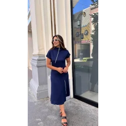 Kadın Kısa Kollu Yakadan Ve Etekten Fermuarlı Midi Viskon Iki Iplik Elbise