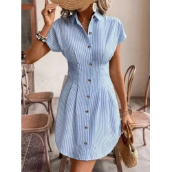 Kadın Kısa Kollu Yakalı önden Düğmeli Kısa Trikoton Elbise