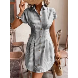Kadın Kısa Kollu Yakalı önden Düğmeli Kısa Trikoton Elbise