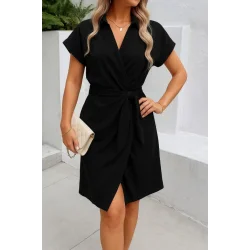 Kadın Kısa Kollu Yakalı Yandan Bağlamalı Dokuma Elbise