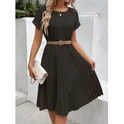 Kadın Kısa Kollu Yakası Açık Belden Lastikli Pileli Kısa Ithal Krep Elbise