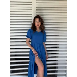 Kadın Kısa Kollu Yakası Açık Katlı Bürümcük Balon Elbise