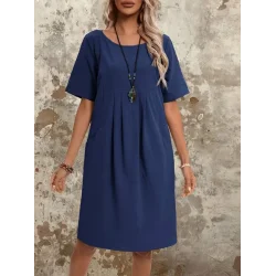 Kadın Kısa Kollu Yakası Açık önden Büzgülü Cep Detaylı Viskon Iki Iplik Elbise