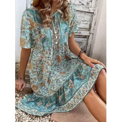 Kadın Kısa Kollu Yakası Bağcıklı önden Düğmeli Fırfır Desenli Süprem Elbise