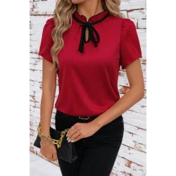 Kadın Kısa Kollu Yakası Fırfırlı Bağcıklı Janjan Krep Bluz