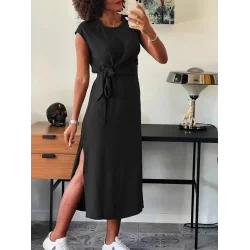 Kadın Kısa Kollu Yuvarlak Yaka Belden Bağcıklı önden Yırtmaçlı Aerobin Elbise