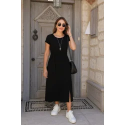 Kadın Kısa Kollu Yuvarlak Yaka Belden Bağcıklı önden Yırtmaçlı Aerobin Elbise