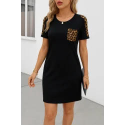 Kadın Kısa Kollu Yuvarlak Yaka Cepli Leopar Desen Detaylı Viskon Elbise