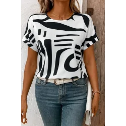 Kadın Kısa Kollu Yuvarlak Yaka Desenli Süprem Bluz