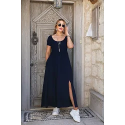 Kadın Kısa Kollu Yuvarlak Yaka önden Yırtmaçlı Cepli Viskon Uzun Elbise