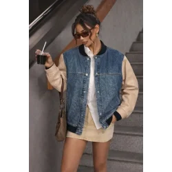 Kadın Kolları Deri Detay Bomber Kot Ceket