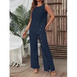 Kadın Kolsuz Düğmeli Asimetrik Detaylı Bürümcük Bluz Ve Pantolon Takım