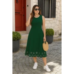 Kadın Kolsuz Etek Ucu Lazer Kesim çiçek Desenli Midi Boy Ithal Krep Elbise