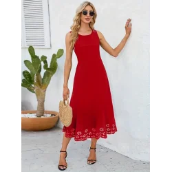 Kadın Kolsuz Etek Ucu Lazer Kesim çiçek Desenli Midi Boy Ithal Krep Elbise