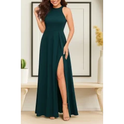 Kadın Kolsuz Halter Yaka Derin Yırtmaç Detaylı Tam Boy Ithal Krep Elbise